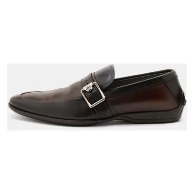 Versace Brown Two Tone Leather Buckle Detail Slip On Loafers Size