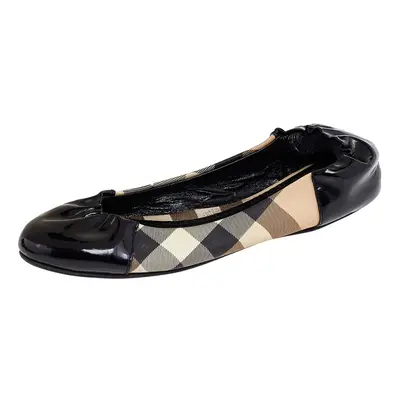 Burberry Black Patent Leather And Nova Check Coated Canvas Scrunch Ballet Flats Size