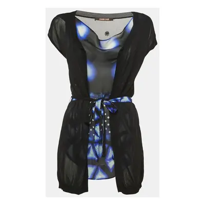 Roberto Cavalli Black/Blue Print Silk & Knit Sleeveless Belted Top