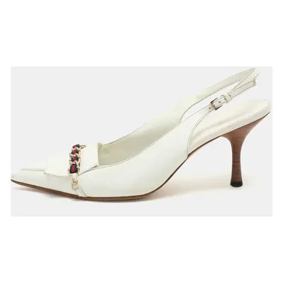 Gucci White Leather Web Chain Embellished Slingback Pumps