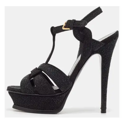 Saint Laurent Black Glitter Suede Tribute Sandals Size