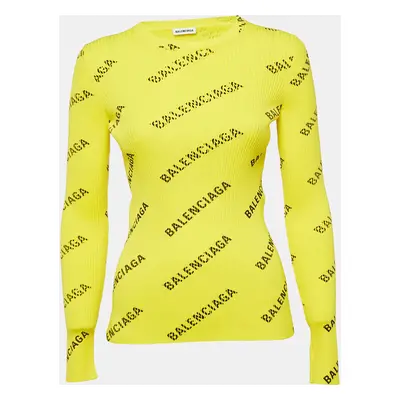 Balenciaga Yellow Logo Print Rib Knit Full Sleeve Top