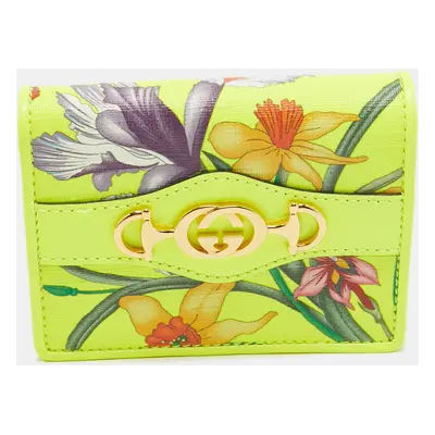 Gucci Neon Yellow Floral Print Canvas and Leather Zumi Card Holder