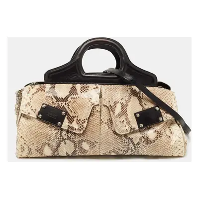 Gianfranco Ferre Beige/Black Watersnake and Leather Charm Satchel