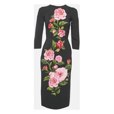 Dolce & Gabbana Black Floral Print Crepe Midi Dress