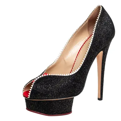 Charlotte Olympia Black Glitter And Patent Leather Scalloped Trim Peep Toe Platform Pumps Size 3