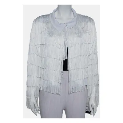 Norma Kamali White Knit Fringed Open Front Collared Jacket