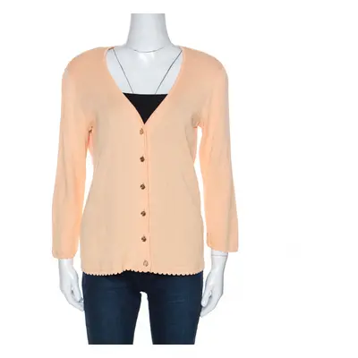 Escada Peach Rib Knit Padded Shoulder Button Front Cardigan