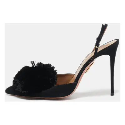 Aquazzura Black Suede Powder Puff Pointed Toe Slingback Sandals Size