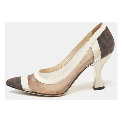 Fendi Brown/White Zucca Mesh and Leather Colibri Pumps Size