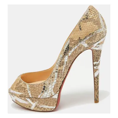 Christian Louboutin Beige/Silver Python Lady Peep Toe Pumps Size