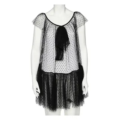 Moschino Black Tulle Ruffled Hem Bow Detail Sheer Mini Dress