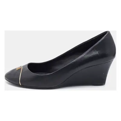 Tory Burch Black Leather Cap Toe Wedge Pumps Size