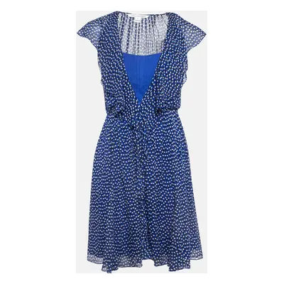 Diane Von Furstenberg Blue Printed Silk V Neck Ruffled Mini Dress