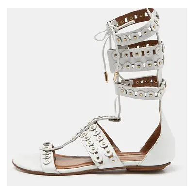 Aquazzura White Studded Leather Strappy Gladiator Flat Sandals Size