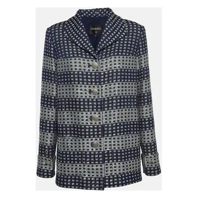 Chanel Blue Glitter Tweed Sequin Detail Long Jacket