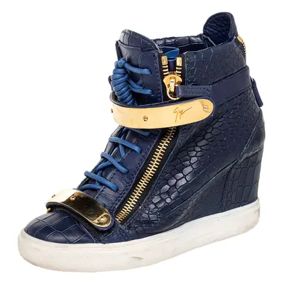 Giuseppe Zanotti Blue Croc Embossed Leather Coby Wedge Sneakers Size 38.5