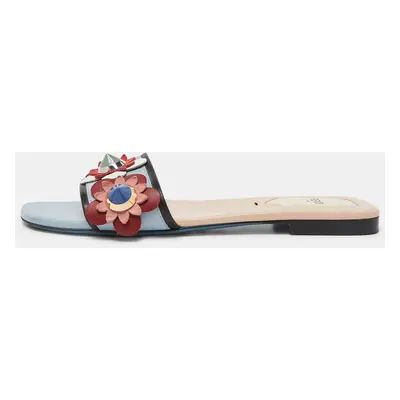 Fendi Blue Leather Flowerland Open Toe Flat Slides Size 36.5