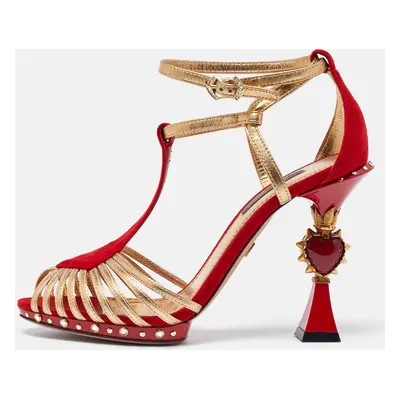 Dolce & Gabbana Red/Gold Leather and Suede Sculpted Ankle Strap Sandals Size 36.5