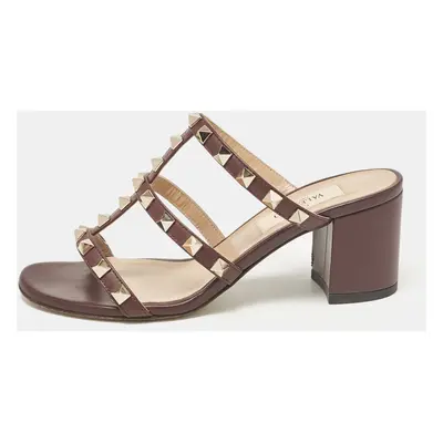 Valentino Burgundy Leather Rockstud Slide Sandals Size