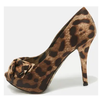 Dolce & Gabbana Brown/Beige Leopard Print Satin Bow Peep Toe Pumps Size