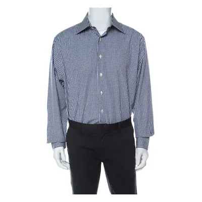 Emporio Armani Navy Blue and White Checked Cotton Long Sleeve Shirt