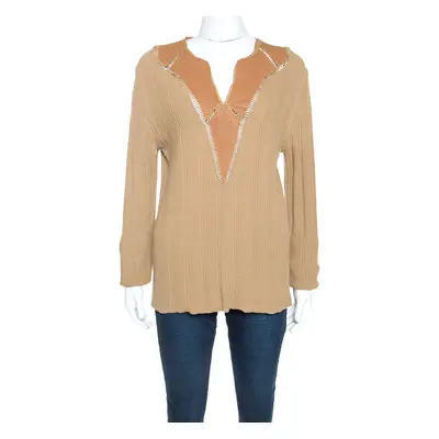 Class by Roberto Cavalli Tan Rib Knit Leather Trim Top