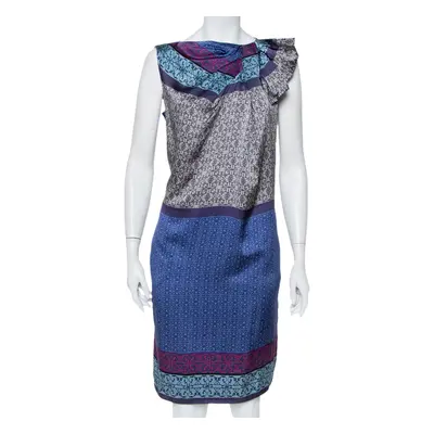 Emporio Armani Blue Printed Silk Draped Neck Detail Shift Dress