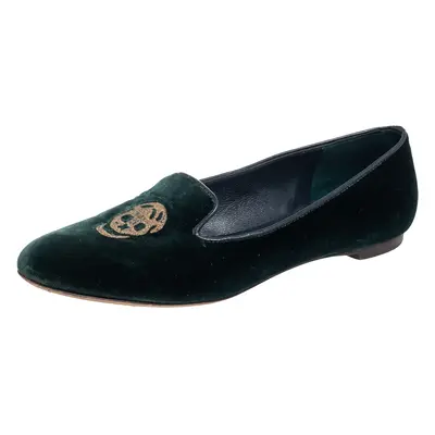 Alexander McQueen Green Velvet Skull Embroidered Smoking Slippers Size