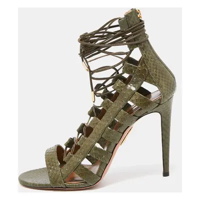 Aquazzura Green Python Amazon Lace Up Open Toe Sandals Size