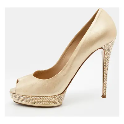 Le Silla Gold Leather Crystal Embellished Platform Peep Toe Pumps Size 38.5