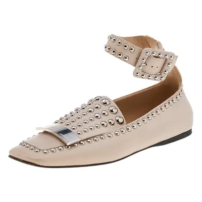 Sergio Rossi Beige Leather Studded Buckle Ankle Cuff Flats Size