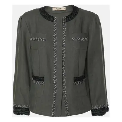 Etro Green Linen Embellished Button Front Jacket