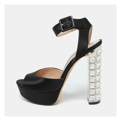 Miu Miu Black Satin Crystal Embellished Block Heel Platform Sandals Size 35.5