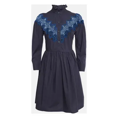 Sandro Navy Blue Cotton Lace Trim Ruffled Collar Mini Dress