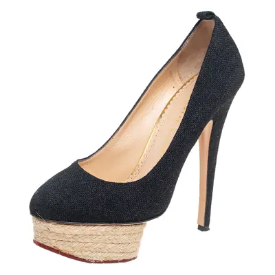 Charlotte Olympia Black Canvas Dolores Espadrille Platform Ankle-Strap Pumps Size