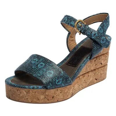 Salvatore Ferragamo Blue Lizard Embossed Leather Madea Cork Wedge Sandals Size 35.5