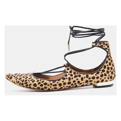 Aquazzura Two Tone Leopard Print Calf Hair Sunshine Ankle Tie Flats Size