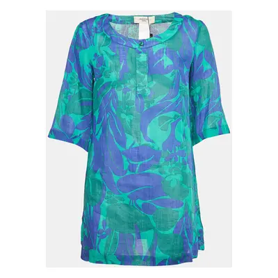 Weekend Max Mara Green/Blue Floral Print Ramie Buttoned Tunic