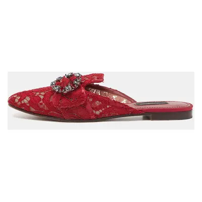 Dolce & Gabbana Red Lace Jackie Crystal Embellished Buckle Flat Mules Size 37.5