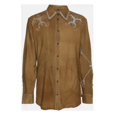 Roberto Cavalli Brown Embroidered Suede Button Front Shirt