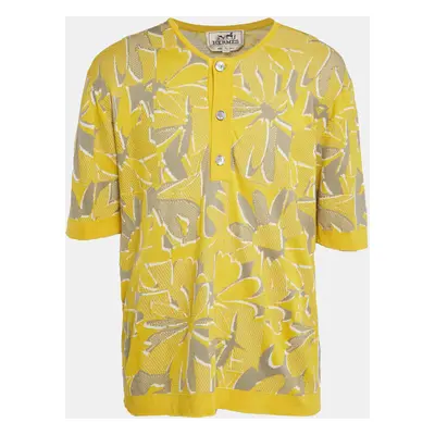 Hermes Yellow Puzzle Floral Knit Henley Collar T-Shirt