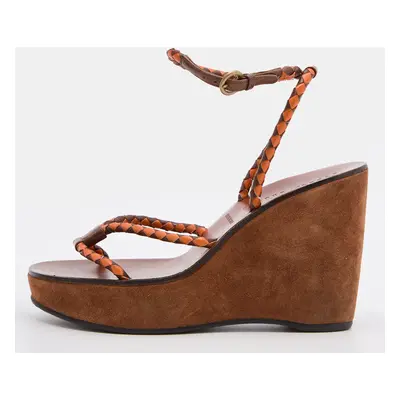 Miu Miu Brown/Orange Leather Strappy Wedge Sandals Size