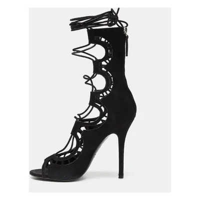 Giuseppe Zanotti Black Suede Cut Out Strappy High Peep Toe Sandals Size