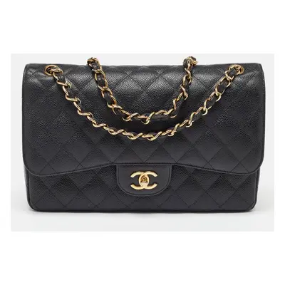 Chanel Black Caviar Quilted Leather Jumbo Classic Double Flap Bag