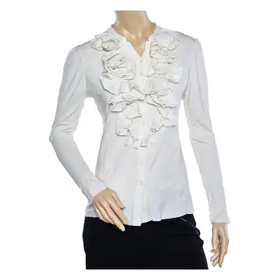 Ralph Lauren Off White Knit Ruffled Neck Button Front Top