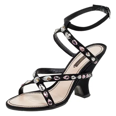 Louis Vuitton Black Satin Crystal Embellished Ankle Strap Sandals Size