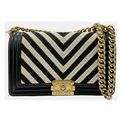 Chanel Black/Ivory Leather Medium Chevron Boy Shoulder Bags