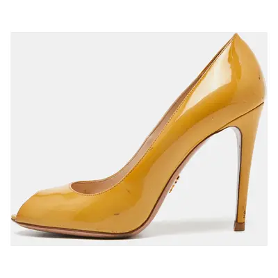 Prada Mustard Patent Leather Peep Toe Pumps Size 38.5