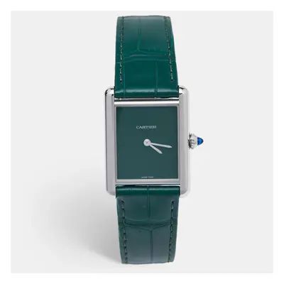 Cartier Green Stainless Steel Alligator Leather Tank Must WSTA0056 Women's Wristwatch